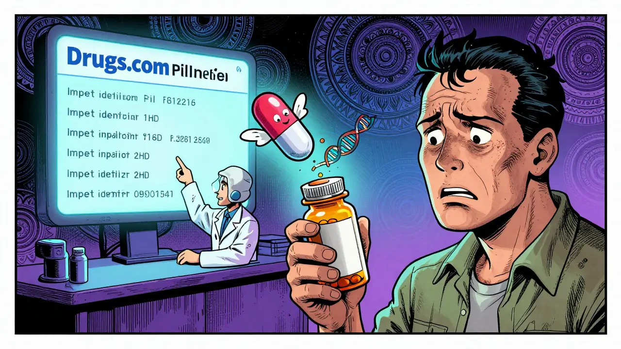 A worried patient watches a smiling pill fly out of a bottle, with a pharmacist pointing to a glowing pill identifier screen in the background.