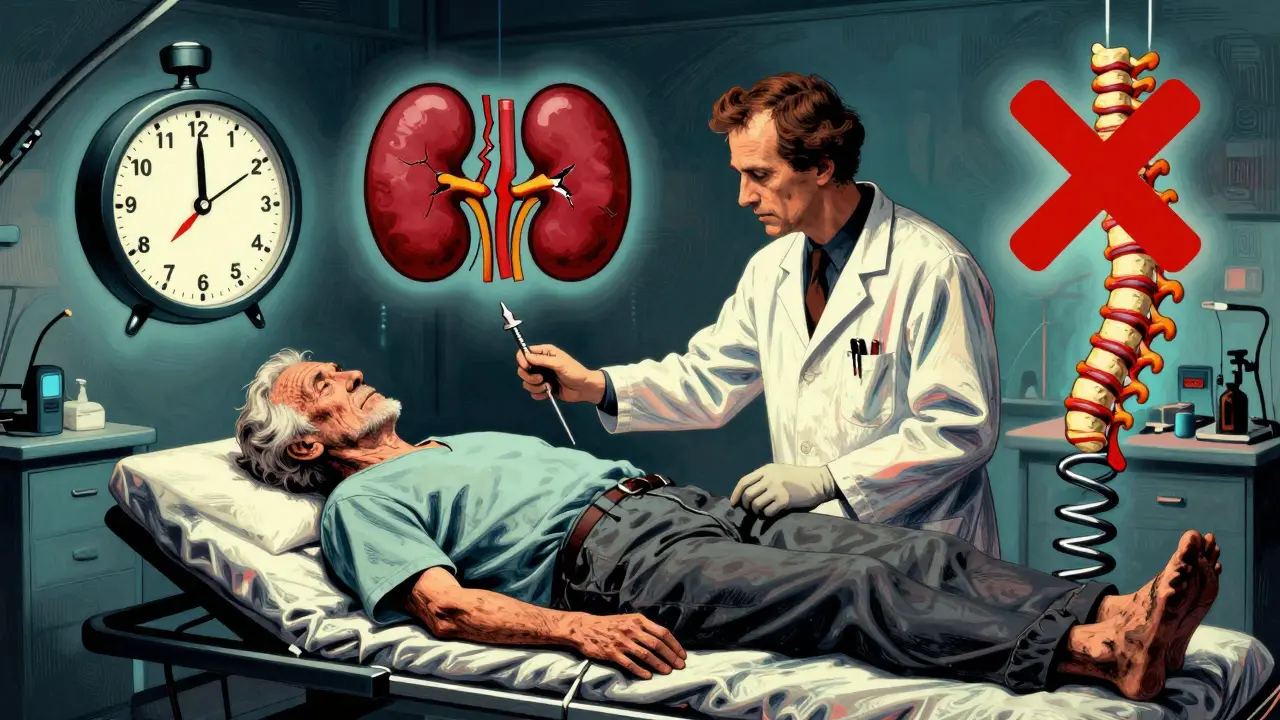 An elderly patient on an operating table with floating warning symbols of time, kidney failure, and needle risk.
