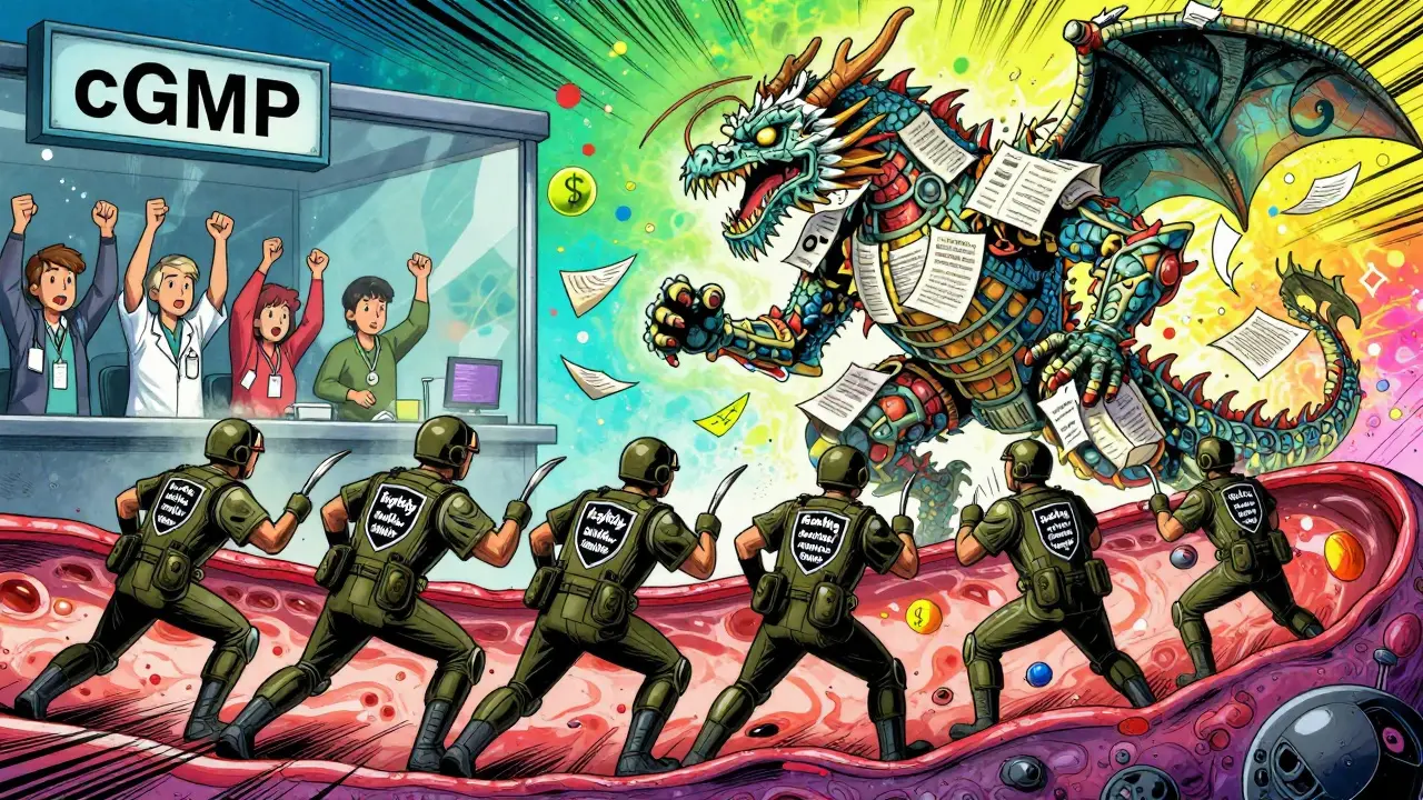 Biosimilar soldiers fighting a patent dragon inside a human body, with doctors and patients watching.