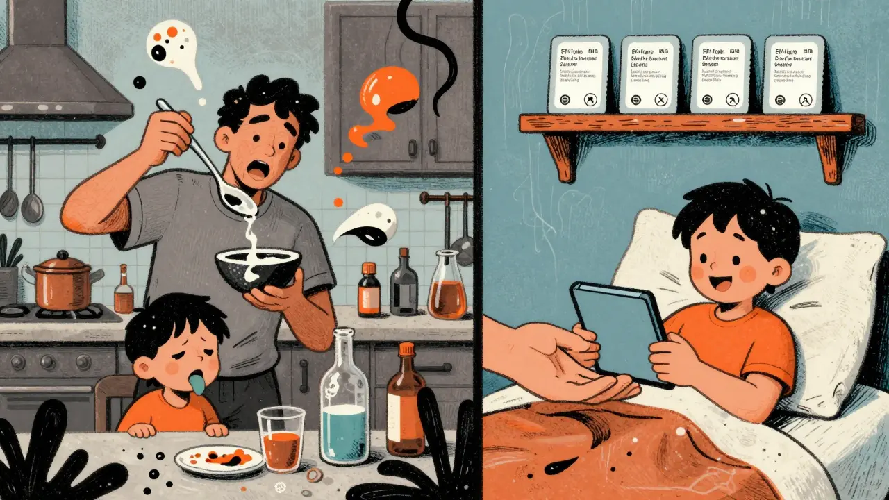 Contrasting scenes: messy liquid medicine measurement vs. calm tablet administration in a home setting.