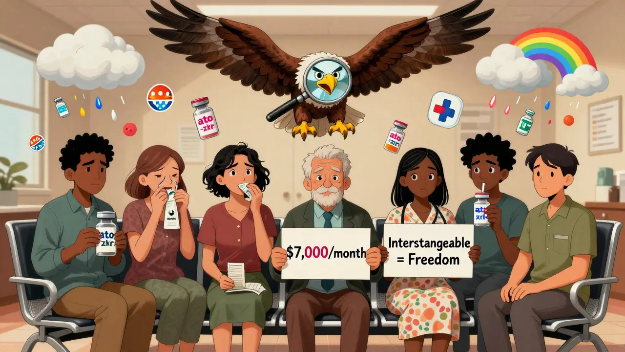 Diverse patients holding biosimilars with suffixes in a clinic, one tearing up a high-cost bill, FDA eagle above.