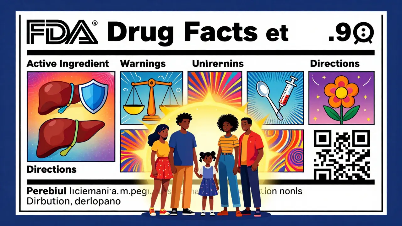 Family in front of a glowing Drug Facts label that transforms into animated symbols and psychedelic art.
