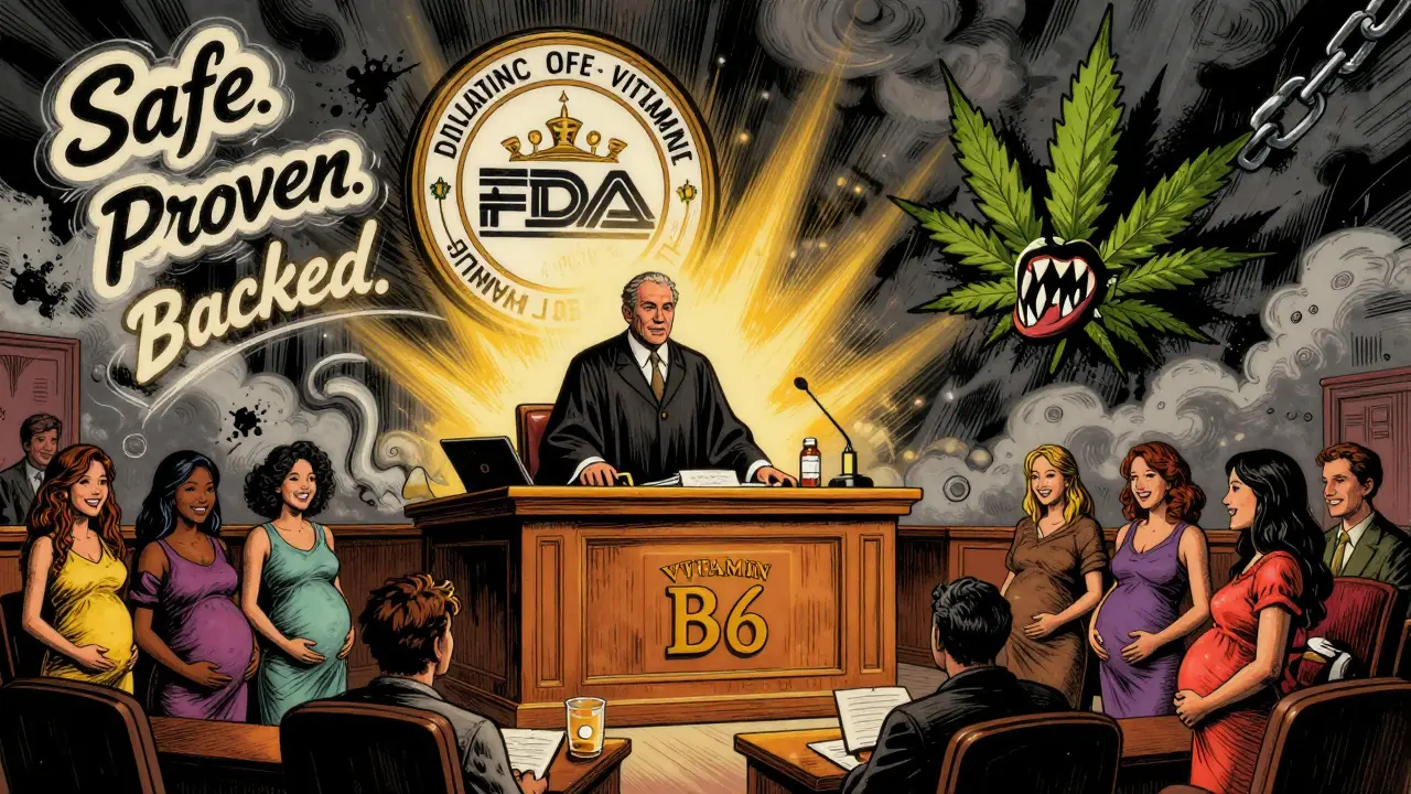 FDA judge in sky with safe meds glowing, marijuana leaf banished to storm clouds in psychedelic courtroom.