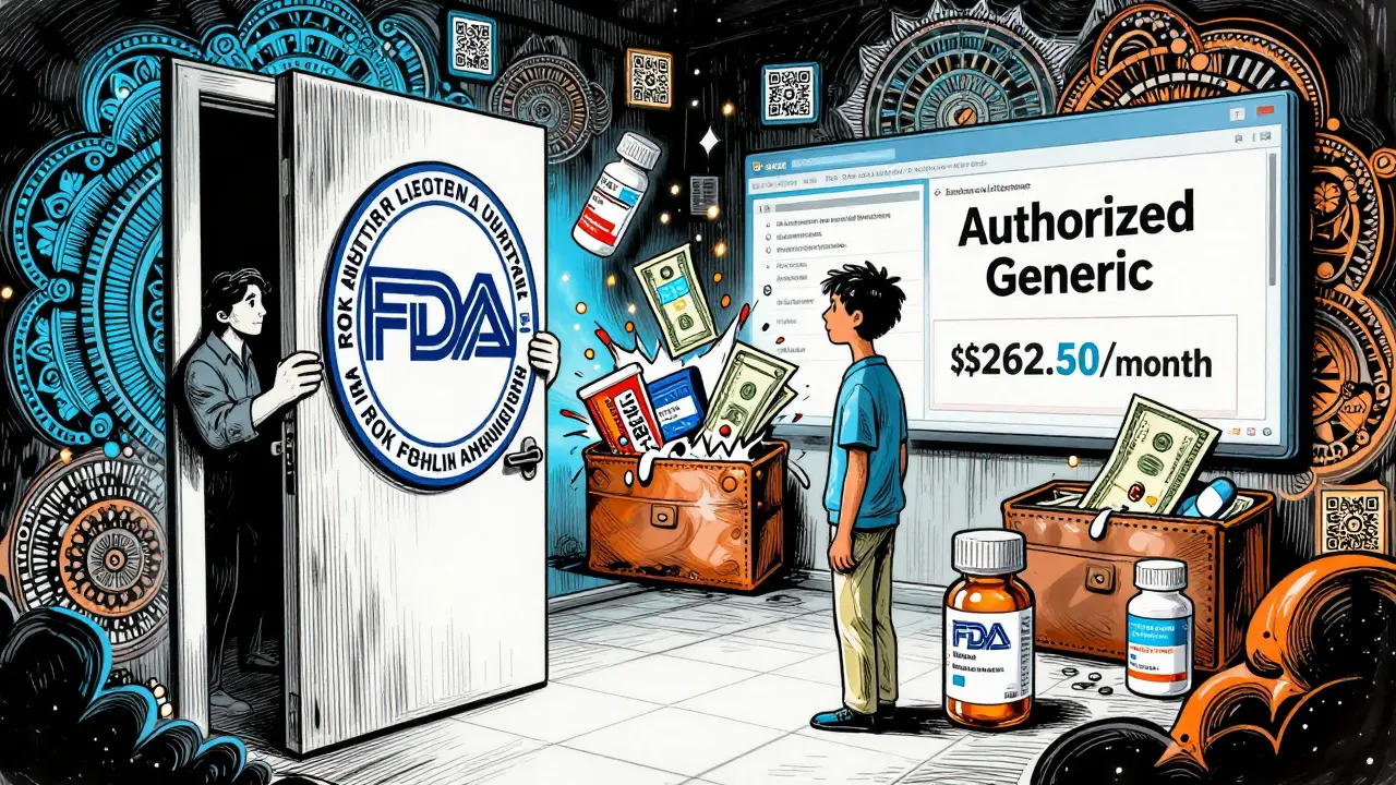 FDA seal opening to reveal mirror room of identical brand and generic pills with savings floating around