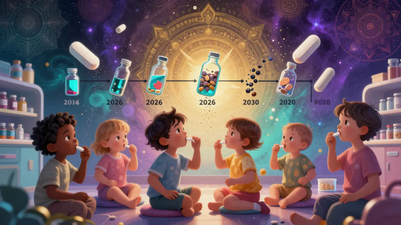 Futuristic micro-tablets floating in mid-air, being gently administered to children in a glowing pharmacy.