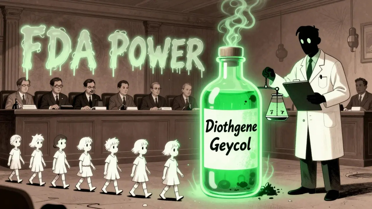 Ghostly children walking toward a toxic medicine bottle as Congress reacts in the background