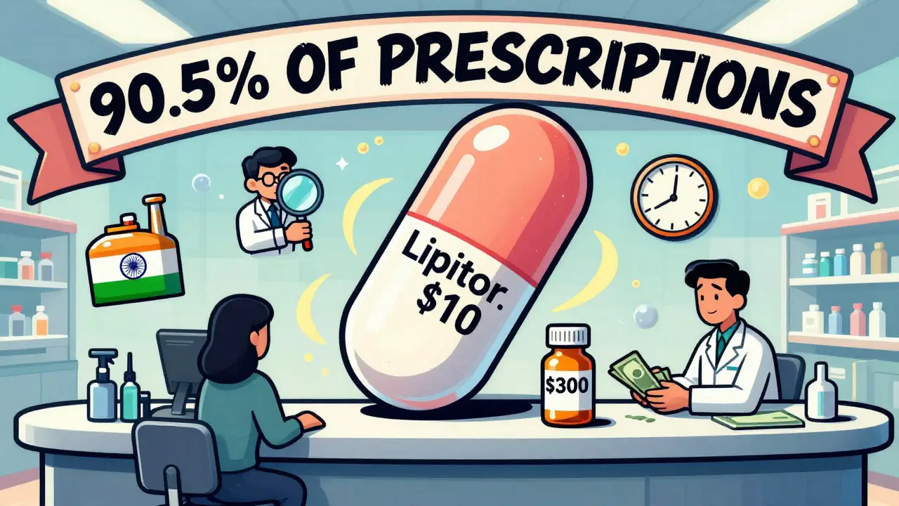 Giant generic pill dwarfing a brand-name bottle at a pharmacy with global supply chain icons floating around