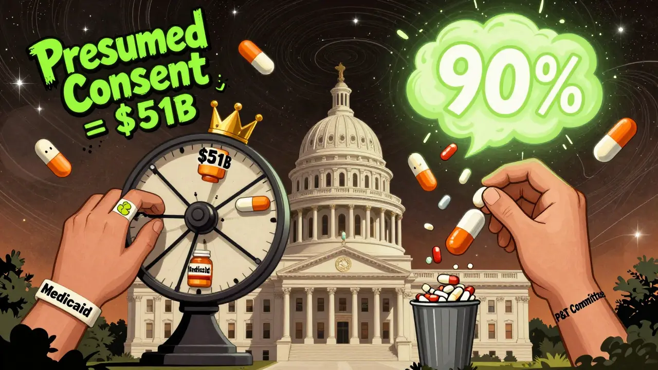 Giant hands adjusting a wheel of drug bottles, brand-name pills falling away as generics rise into a 90% cloud.