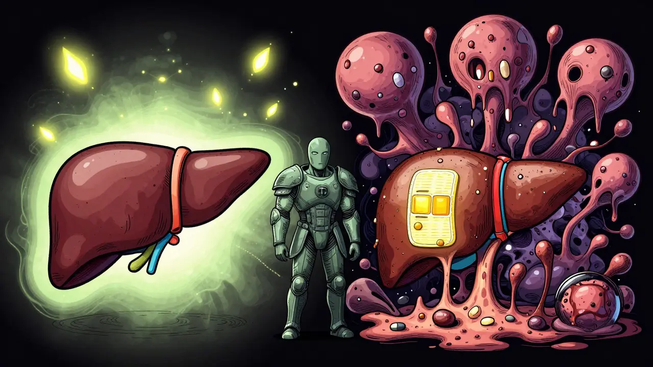 Healthy vs diseased liver comparison: one efficiently processing opioids, the other oozing toxins, with safer alternatives like patches and buprenorphine shown.