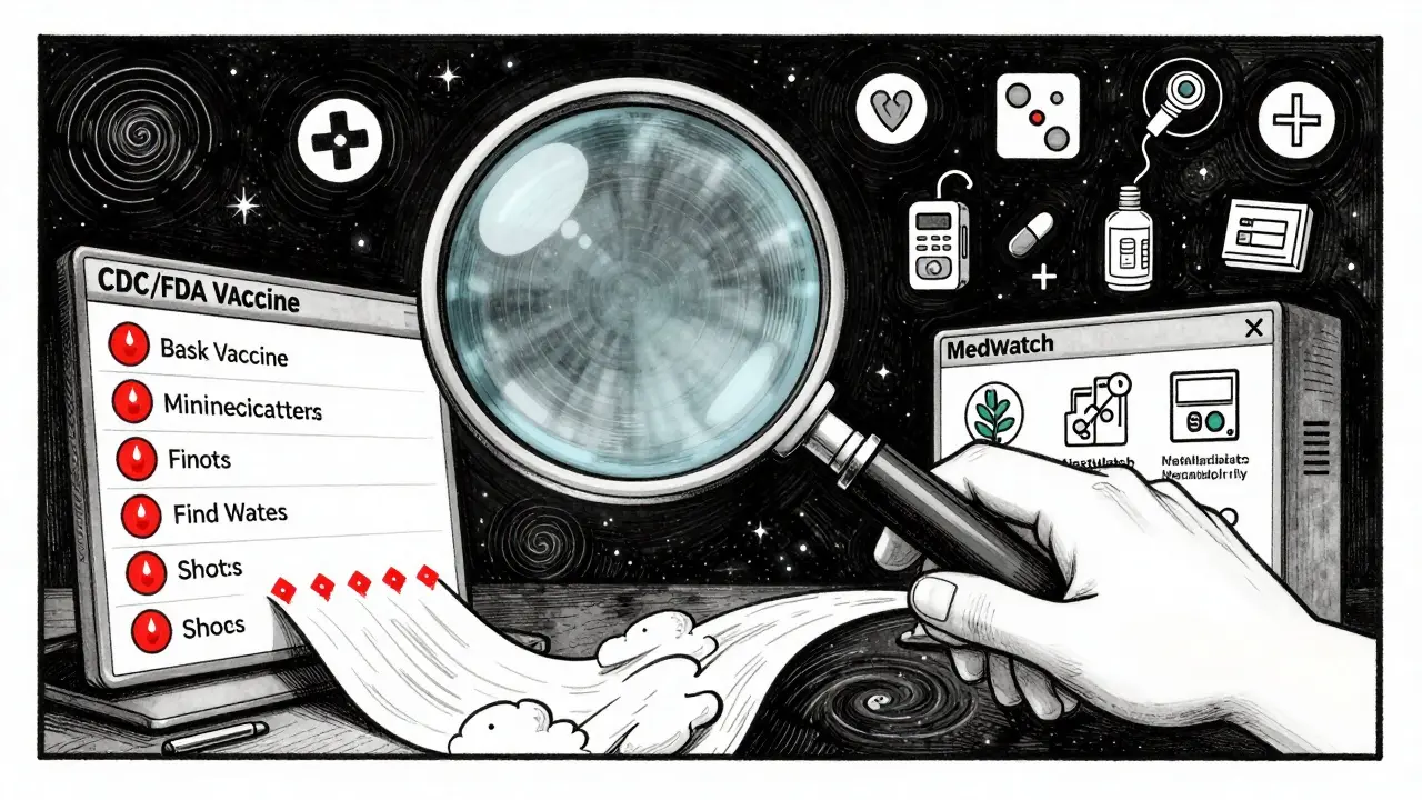 Magnifying glass analyzing two data streams—one for vaccines, one for drugs—with floating medical icons in surreal art style.