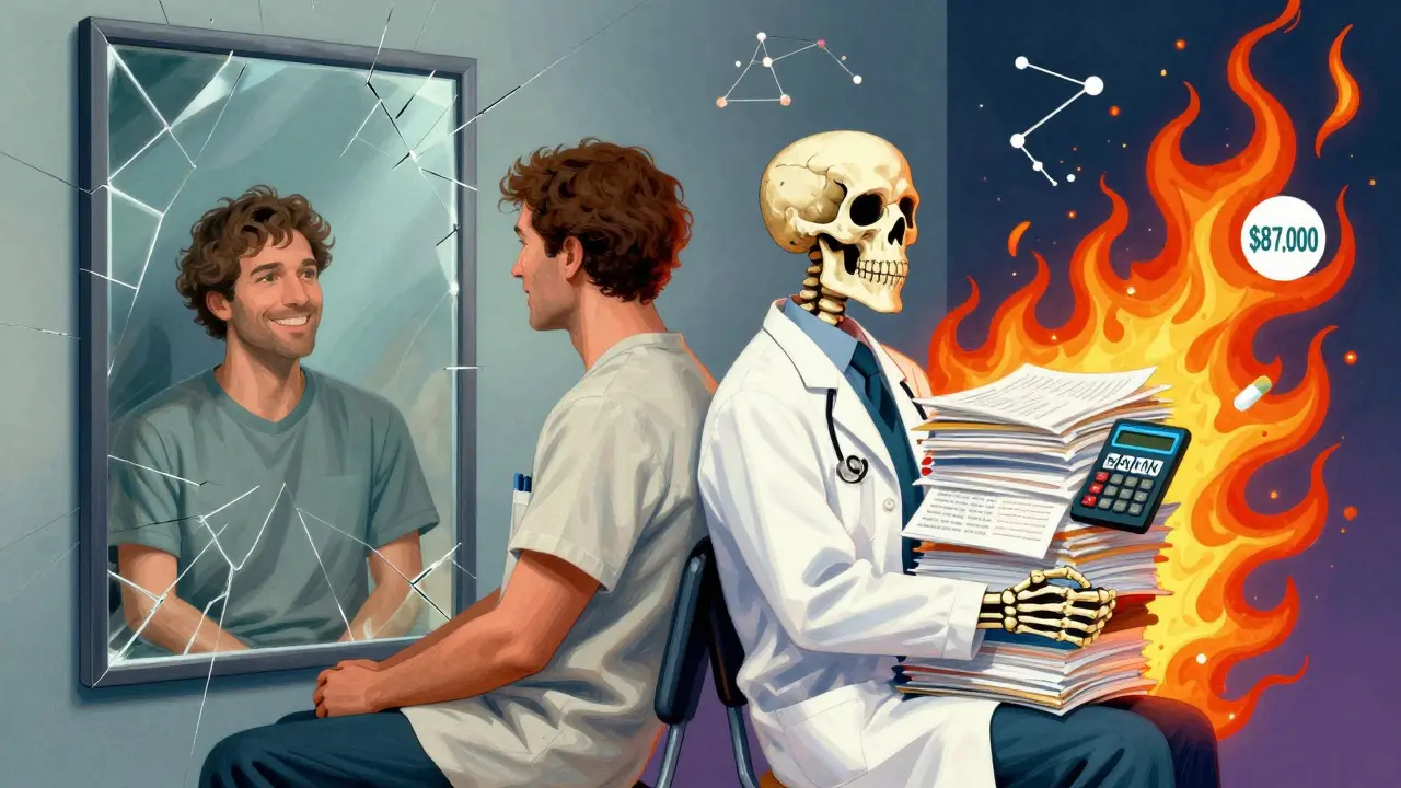 Patient and doctor reflected in a cracked mirror showing health vs. financial and research burdens in trippy illustration.