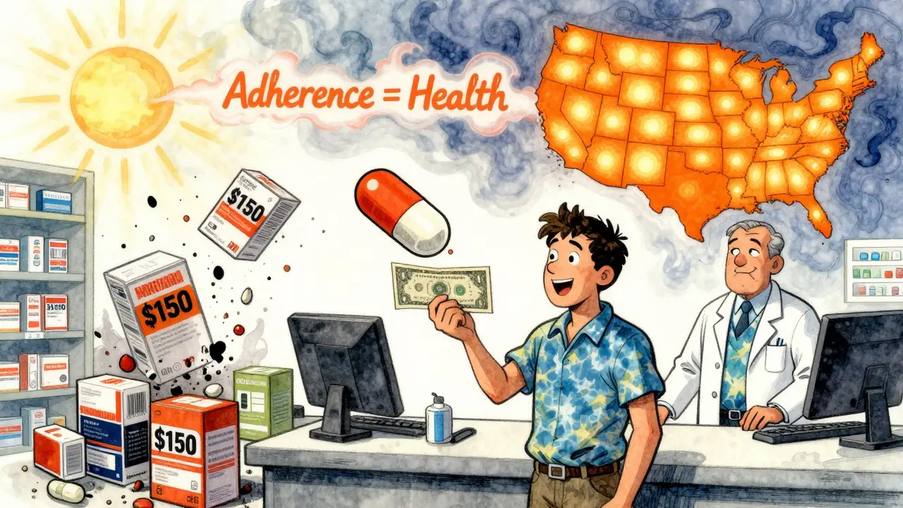 Patient holding a  bill as a giant generic pill shines above, brand-name drug boxes crumbling into dust.