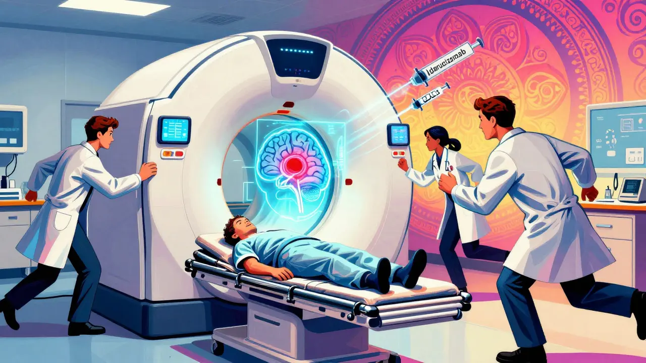 Patient in ER under CT scanner with holographic brain hemorrhage, doctors rushing with reversal agents, psychedelic illustration.