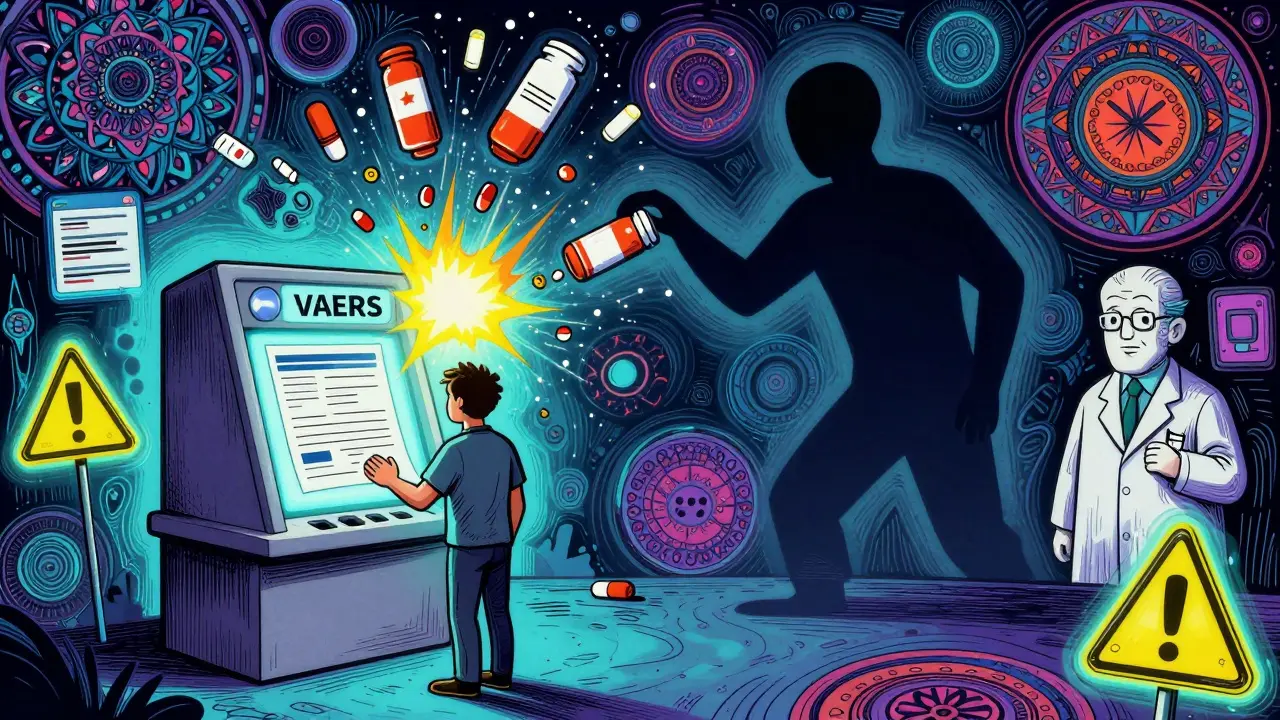 Person submitting report to VAERS while someone else wrongly drops a pill, causing chaotic data explosion in trippy illustration.