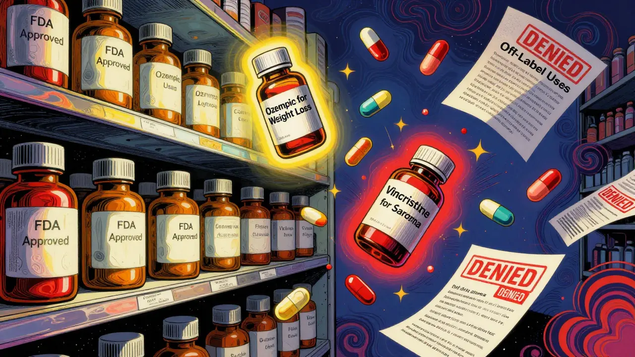 Pharmacy shelf with FDA-approved and off-label pills floating amid insurance denial stamps in vibrant 70s art style.