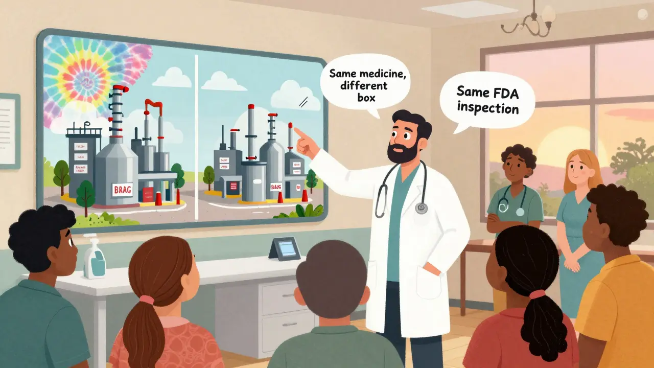 Physician showing infographic on generic vs brand drug manufacturing to patients in a clinic