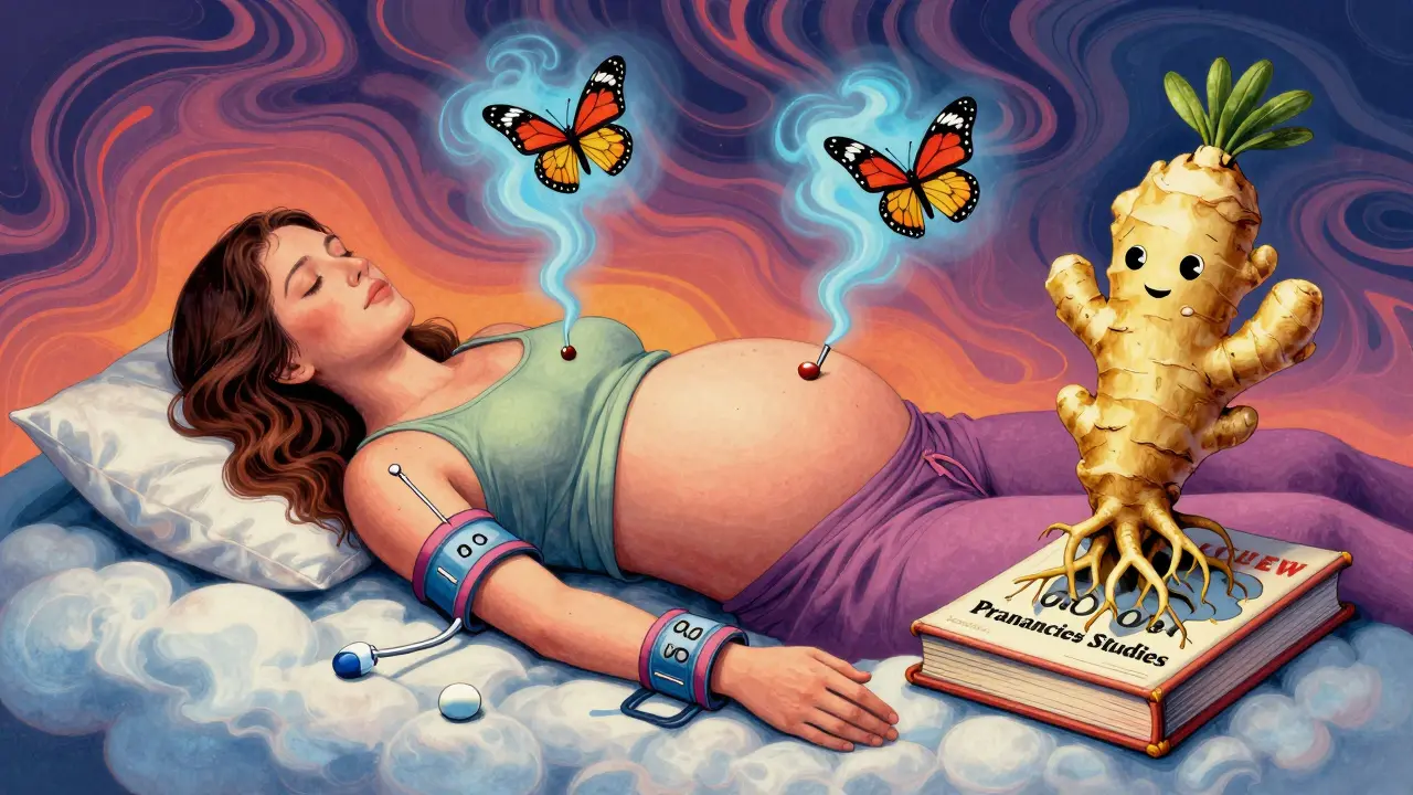 Pregnant woman on cloud bed with acupressure bands and Diclegis butterflies, ginger root smiling below.
