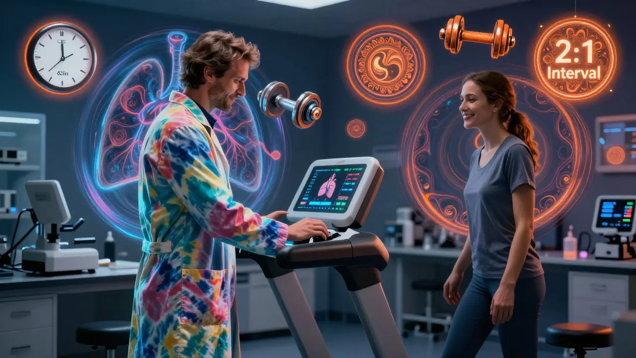 Scientist using a psychedelic CPET machine while patient walks peacefully, surrounded by exercise icons in swirling patterns.