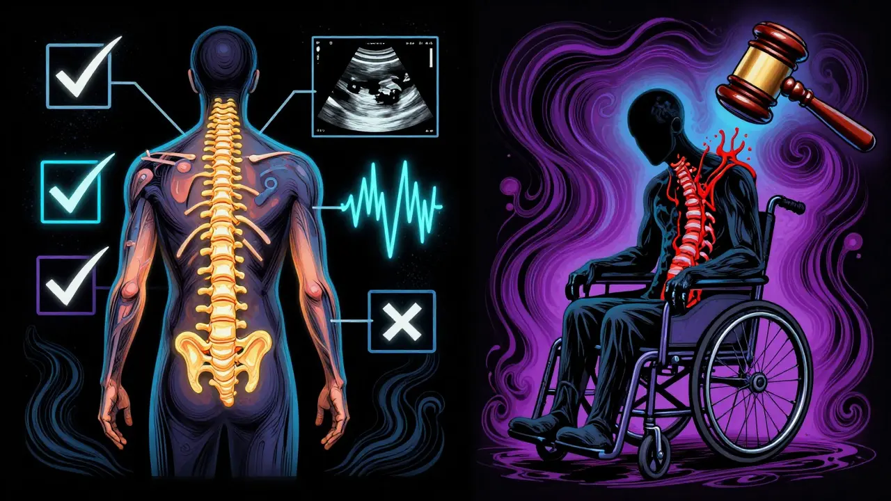 Split illustration: one side shows a healthy spine with ultrasound, the other a paralyzed figure with blood choking the cord.