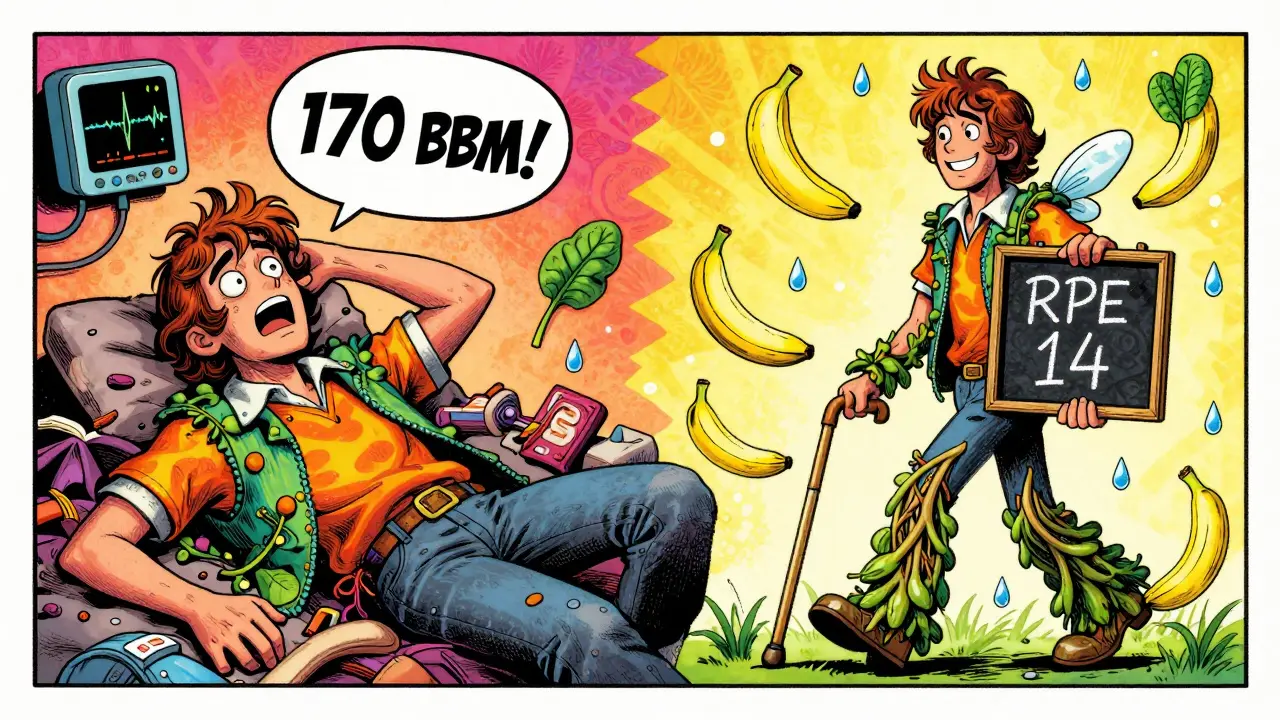 Split scene: exhausted person with broken heart monitor vs. smiling person with RPE 14 and floating healthy foods.
