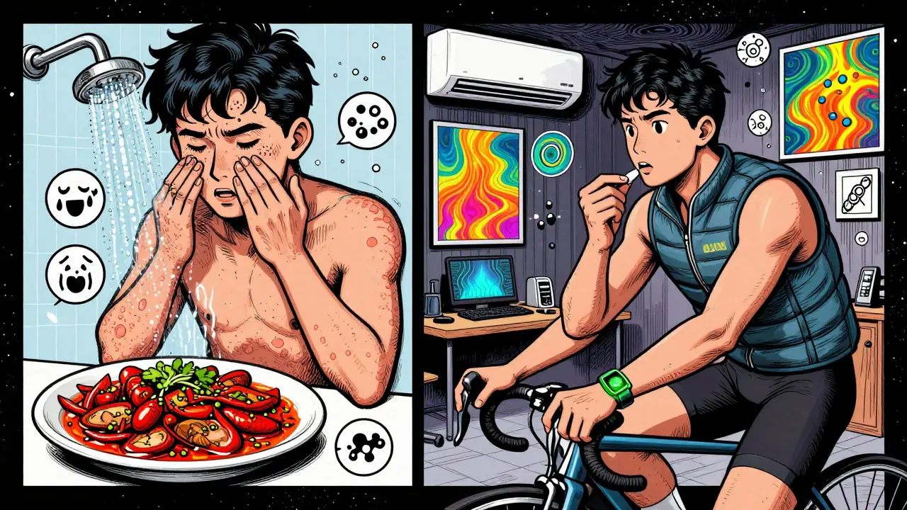 Split scene: heat triggers on left, prevention methods on right with cooling vest and smart device.