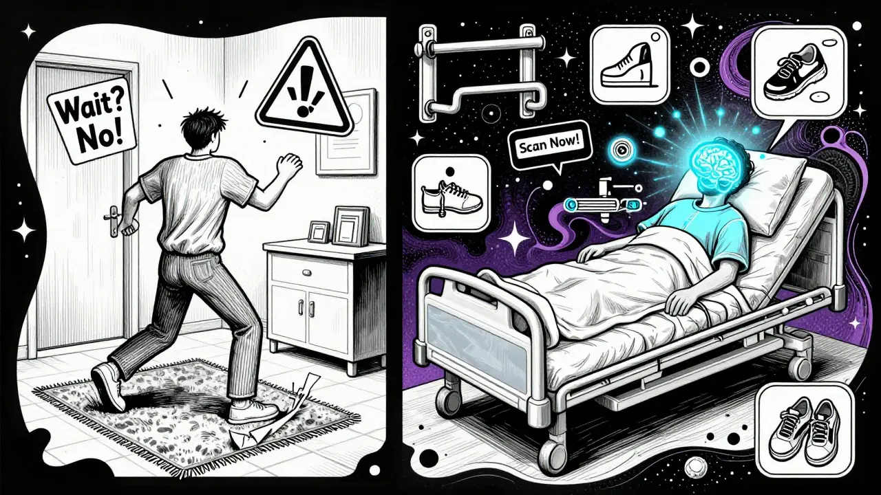 Split scene: person tripping at home vs. safe in hospital, symbols of fall prevention and medical care in psychedelic cartoon style.