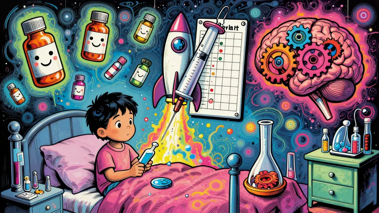 Surreal bedroom scene with floating medicine bottles and a syringe rocket launching from a dosing chart.