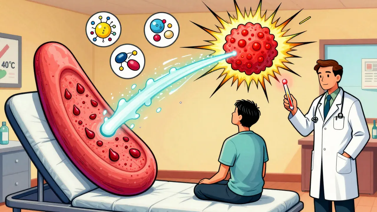 Sweat gland releasing acetylcholine that triggers histamine bursts forming red hives in a warm room.
