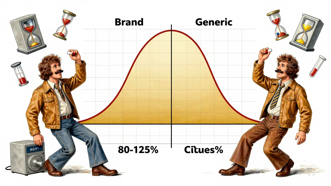 Two volunteers in 70s style with parallel blood curves converging within a golden bioequivalence band.