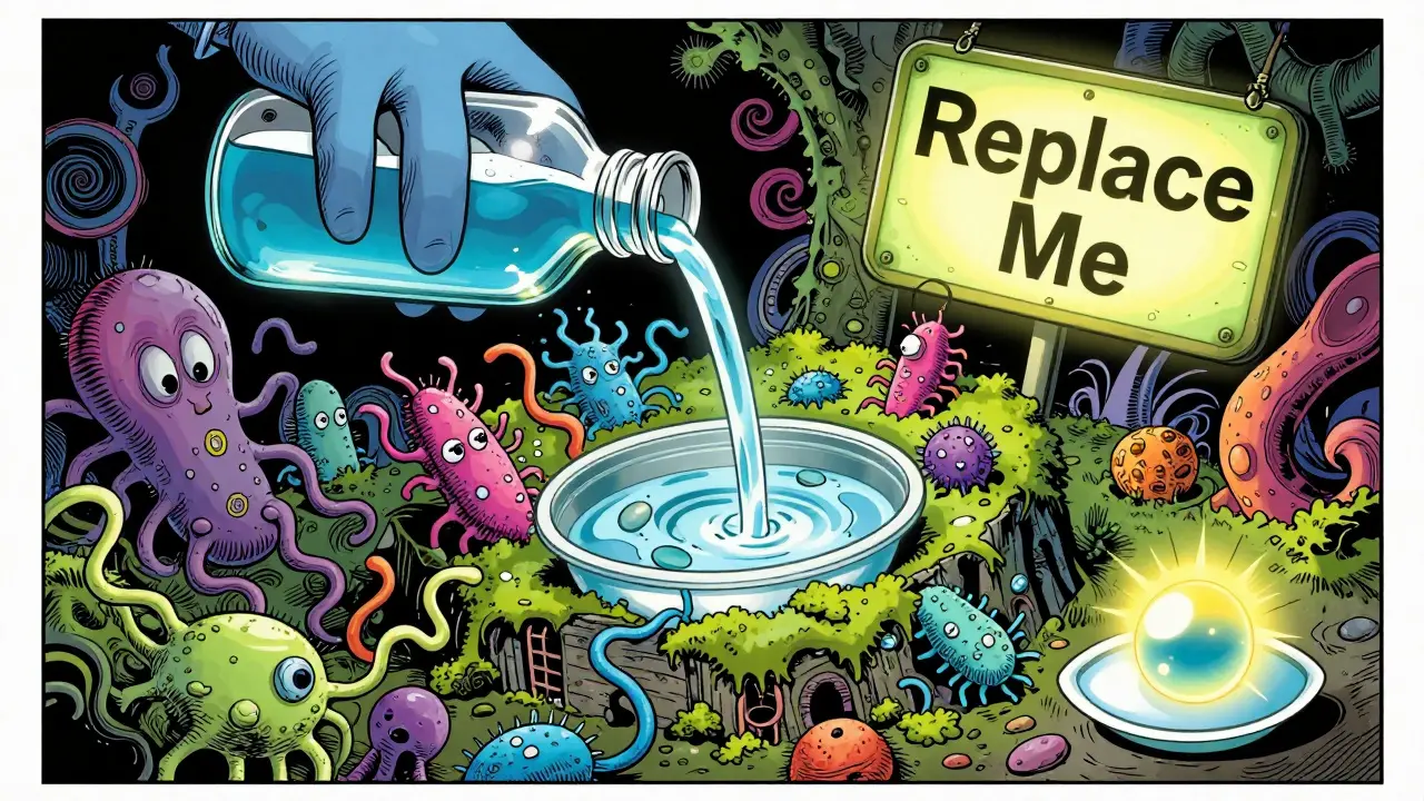 A contact lens case depicted as a creepy dungeon filled with bacteria, being cleansed by fresh solution, with a glowing daily disposable lens nearby.