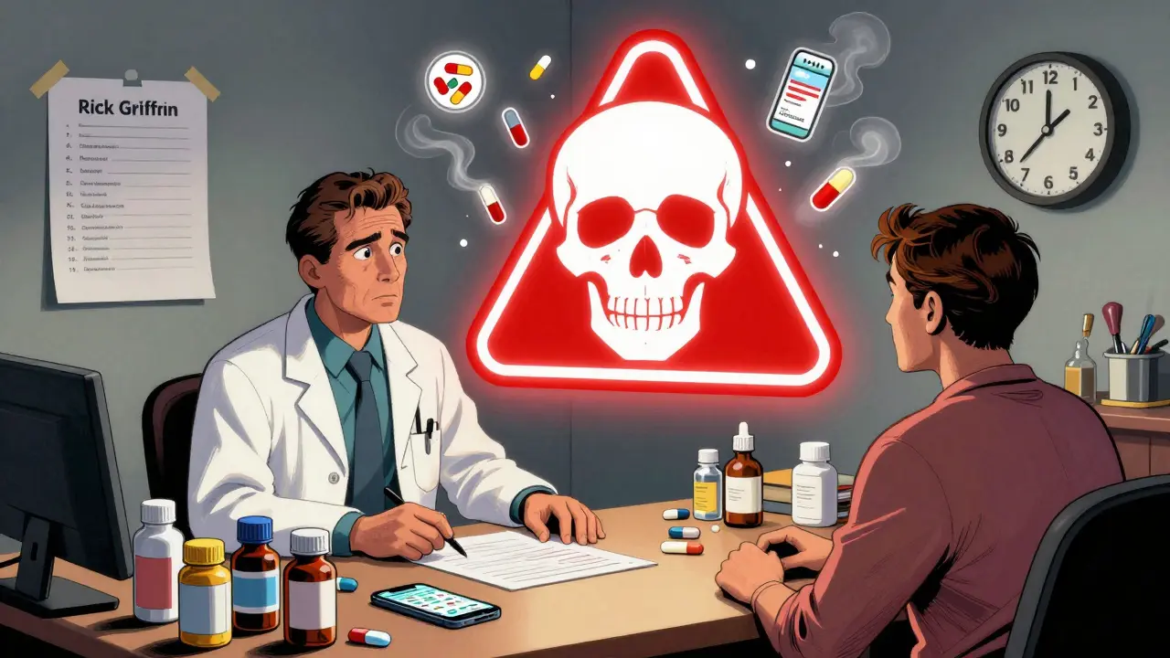 A doctor and patient at a desk surrounded by pill bottles, with a glowing skull warning above them about missed medications.