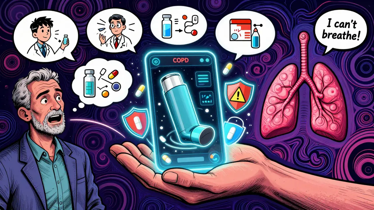 A holographic app shows drug interactions as floating warnings, with cartoon lungs gasping for air.