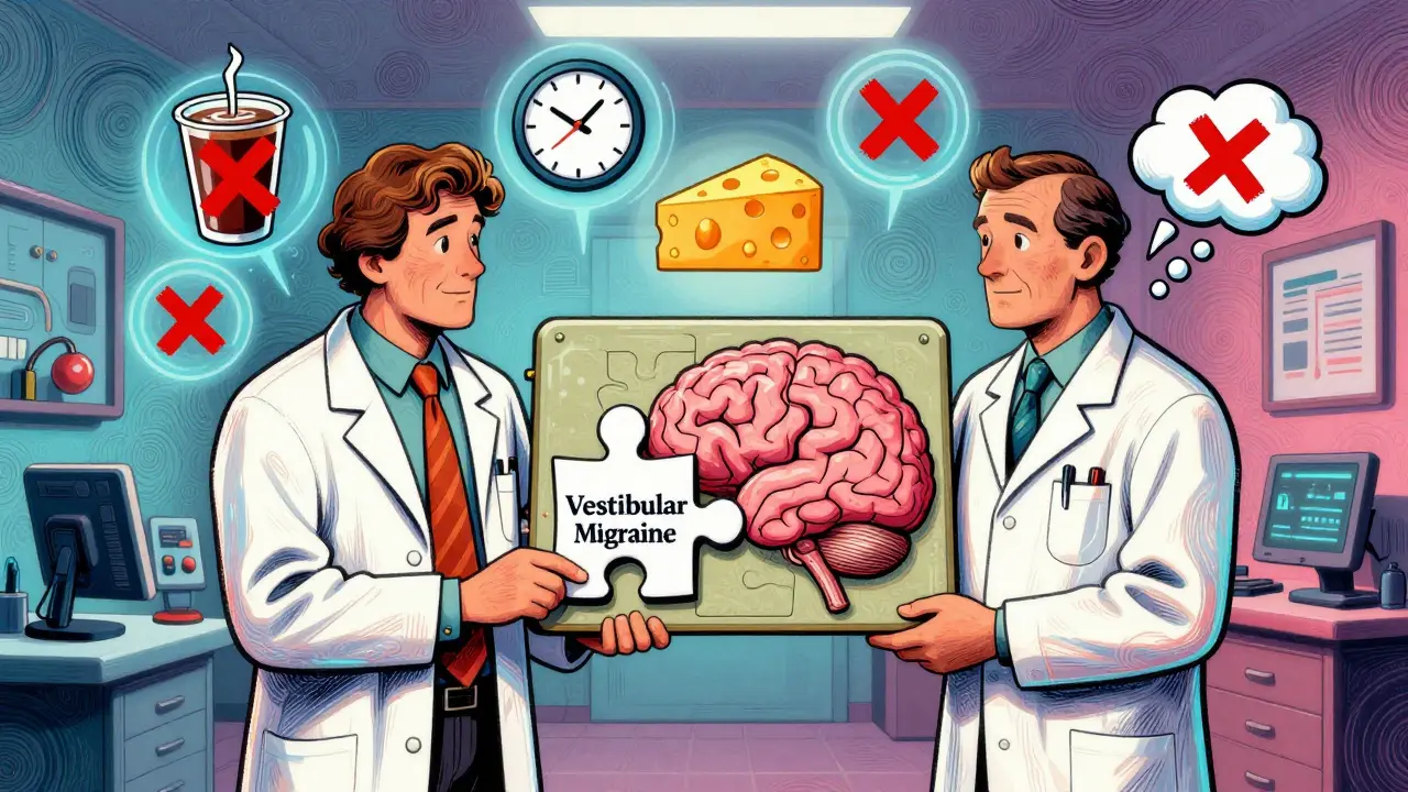 A neurologist and ENT specialist solving a brain-shaped puzzle labeled 'Vestibular Migraine' while triggers float around them as icons.