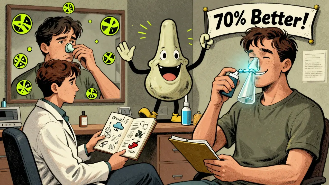 A patient comparing past and present nasal health in a split mural, with a cheerful nasal passage holding a progress banner, Rick Griffin style.