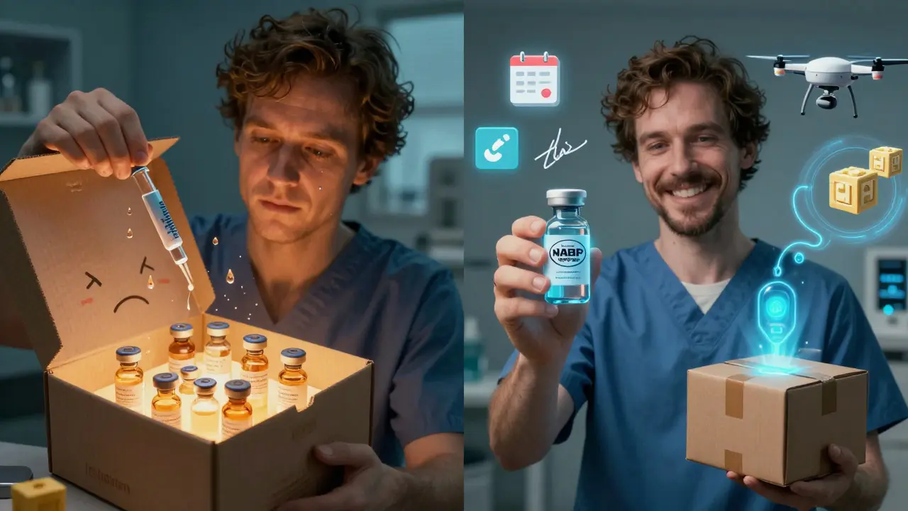 A patient opens a warm, ruined insulin package on one side, and a safe, certified replacement on the other, with digital safety icons floating around.