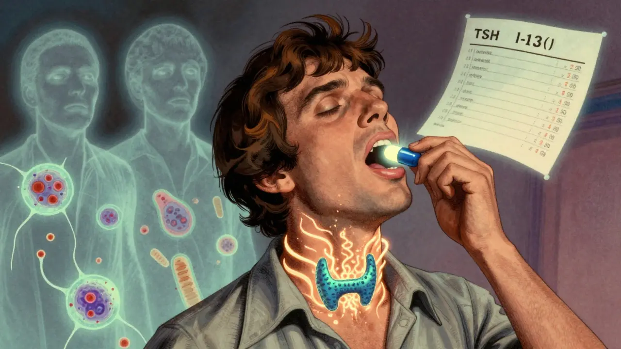 A patient swallowing a glowing iodine capsule, with energy spiraling into the neck and cancer cells dissolving into light, in vibrant psychedelic style.