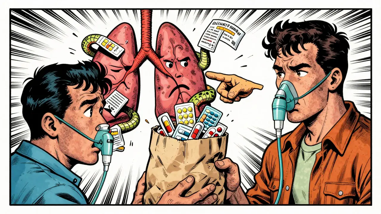 A pharmacist and patient with a brown bag of meds, while a frowning lung points to conflicting drugs.