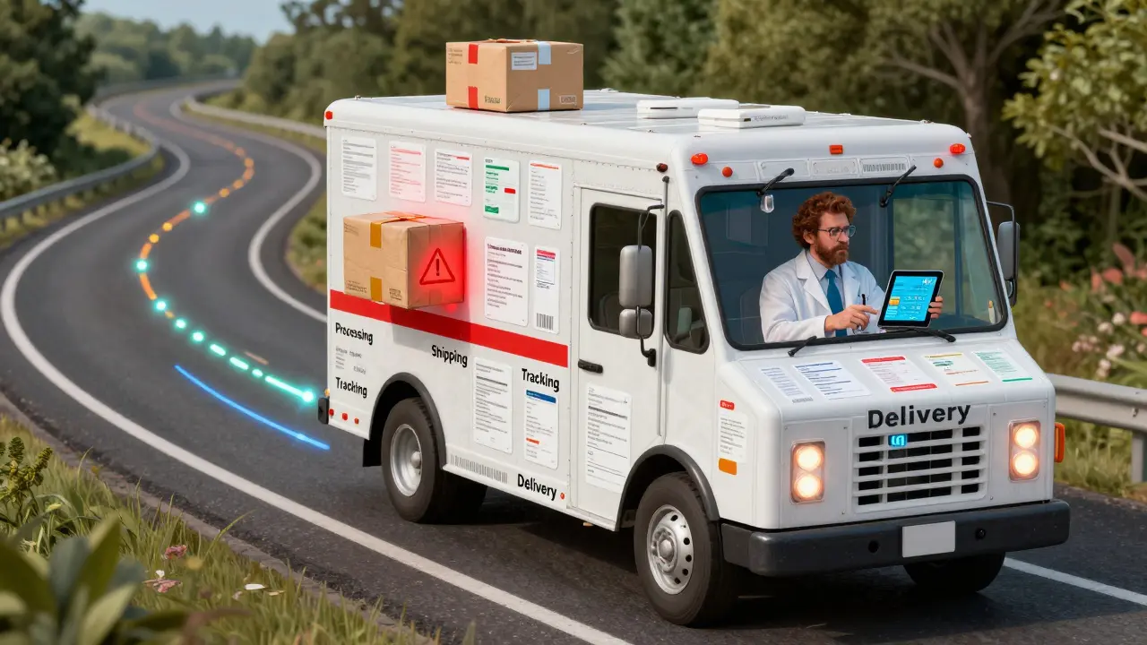 A psychedelic postal truck travels a highway of prescription labels, with glowing tracking dots and a pharmacist monitoring real-time alerts.