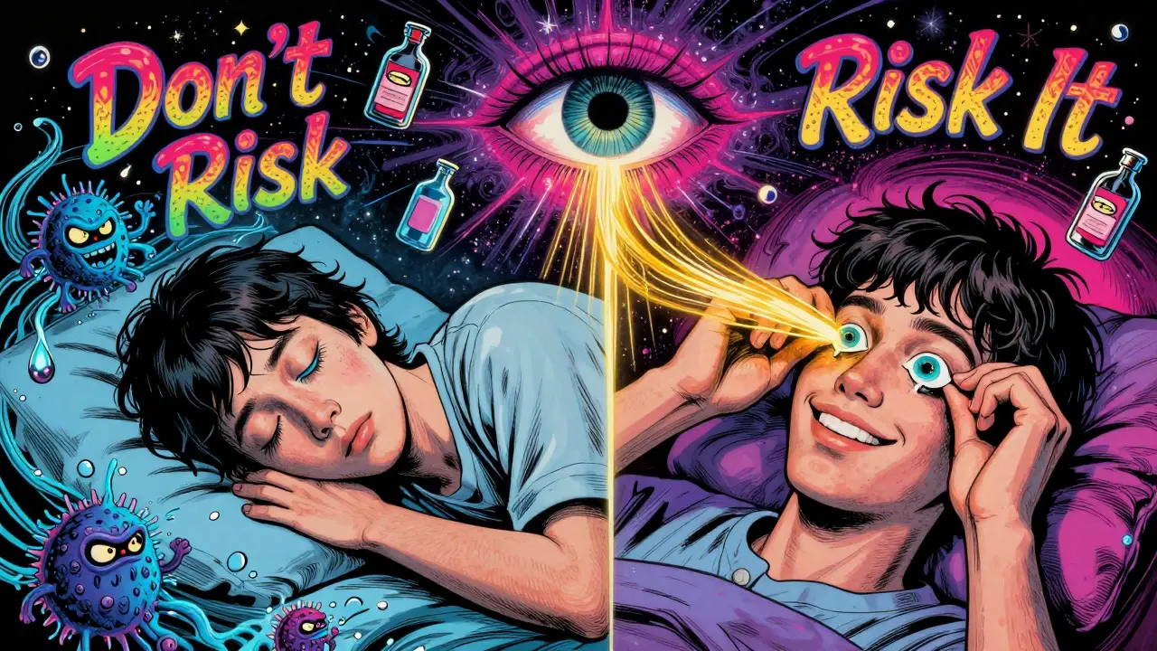 A split scene showing the danger of sleeping in contacts versus safe removal, with cosmic imagery and psychedelic details in cartoon style.