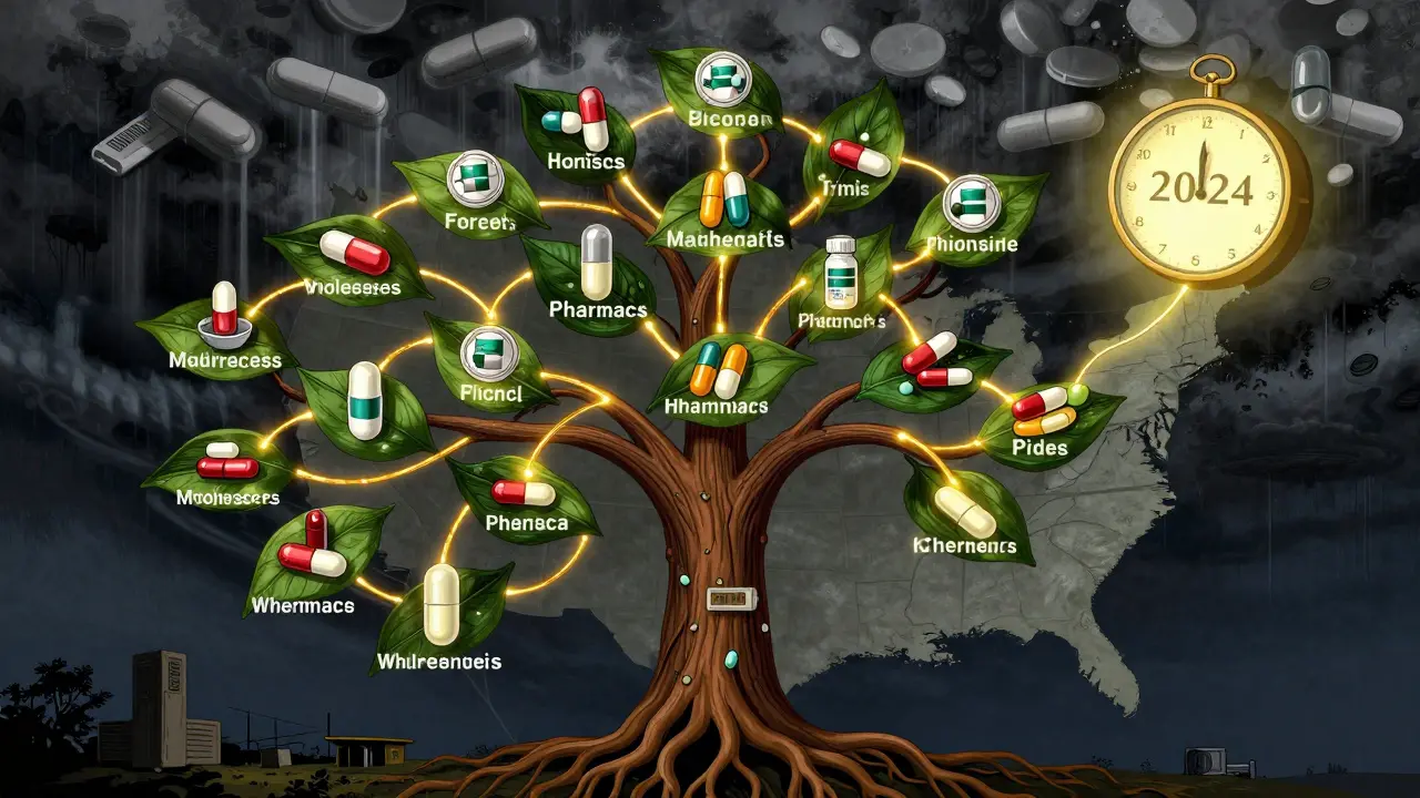 A surreal drug supply chain tree with serialized pills and glowing connections under a 2024 deadline clock