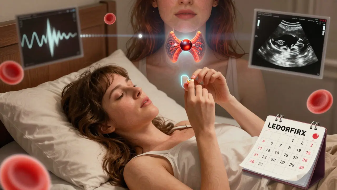 A survivor taking thyroid medication as their former thyroid fades into a hormone molecule, with ultrasound waves and checkup dates floating around them.