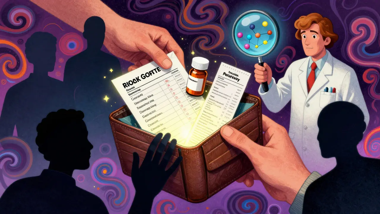 An open wallet revealing a medication list, pill photo, and pharmacy receipt, with specialists reaching out as a pharmacist checks for interactions.