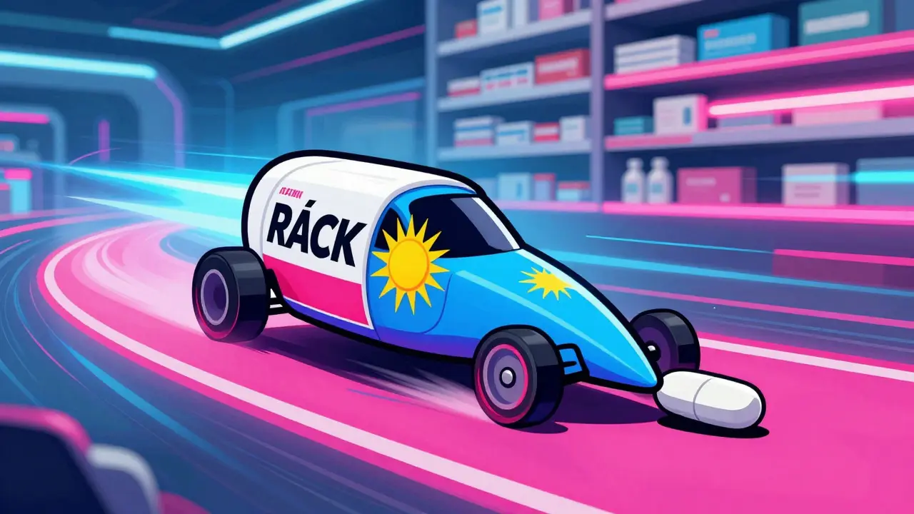 Brand's authorized generic overtakes competitor in a vibrant race track.