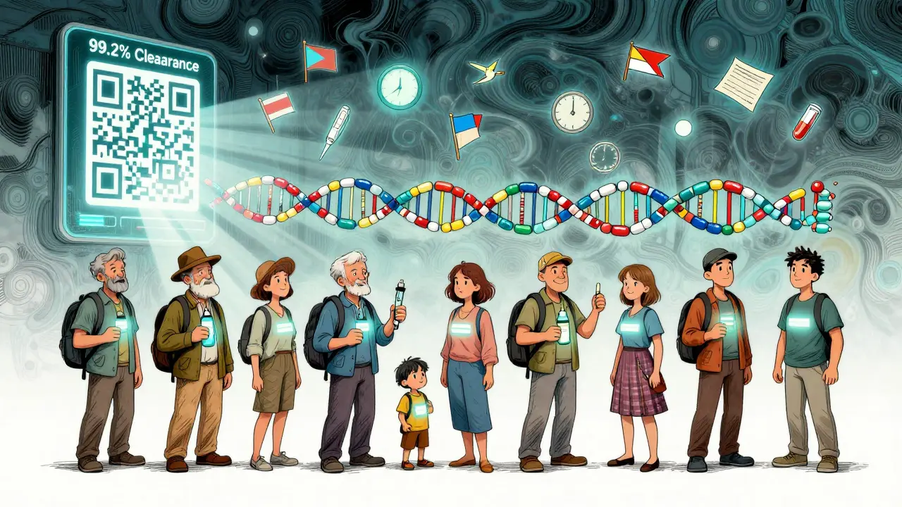 Diverse travelers holding medical items along a pill-shaped DNA helix, digital passport QR code shining above.