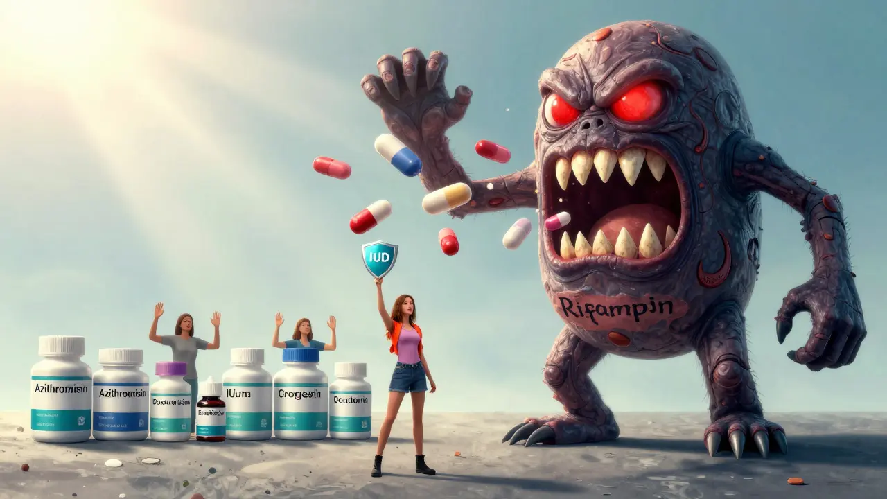 Giant rifampin monster eating hormone molecules, woman holding up IUD and condom shield, other antibiotics peaceful.