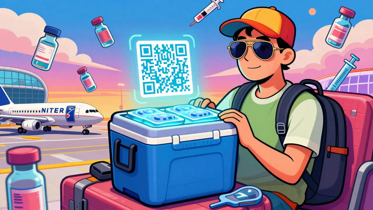 Insulated cooler with frozen gel packs in carry-on bag, glowing QR code above, surreal airport backdrop.