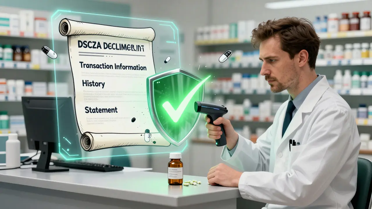 Pharmacist scanning a pill bottle as digital DSCSA documents float behind, repelling counterfeit pills