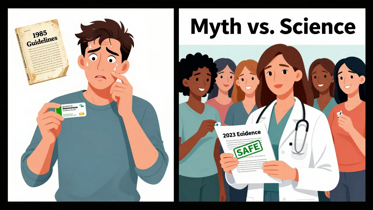 Split panel: confused pharmacist with old guidelines vs. confident doctor with modern evidence, women taking pills calmly.