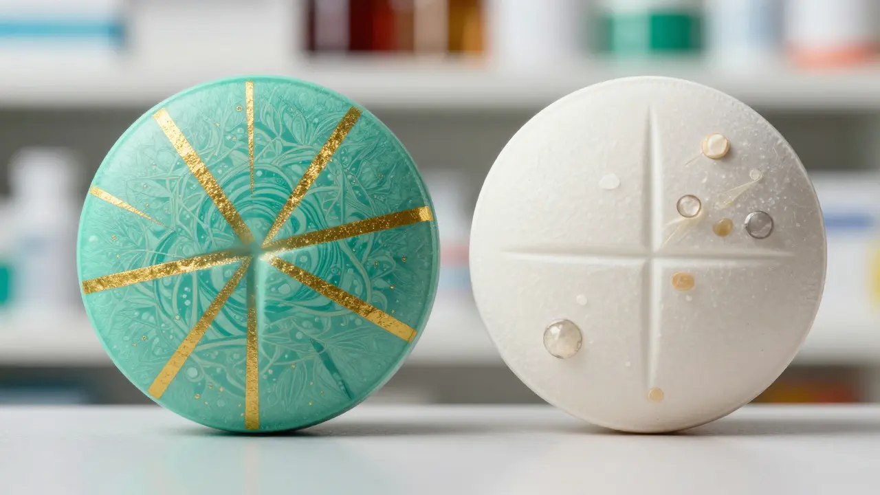 Two pills showing identical and different internal structures side by side.
