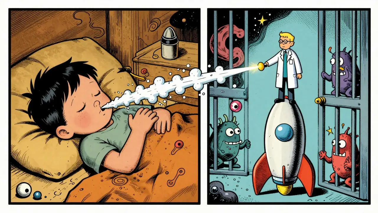 A child sleeps peacefully as montelukast molecules lock away allergy monsters in nasal and lung passages.